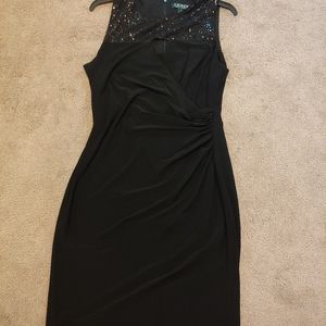 Lauren Black fitted dress with sequin peekaboo top